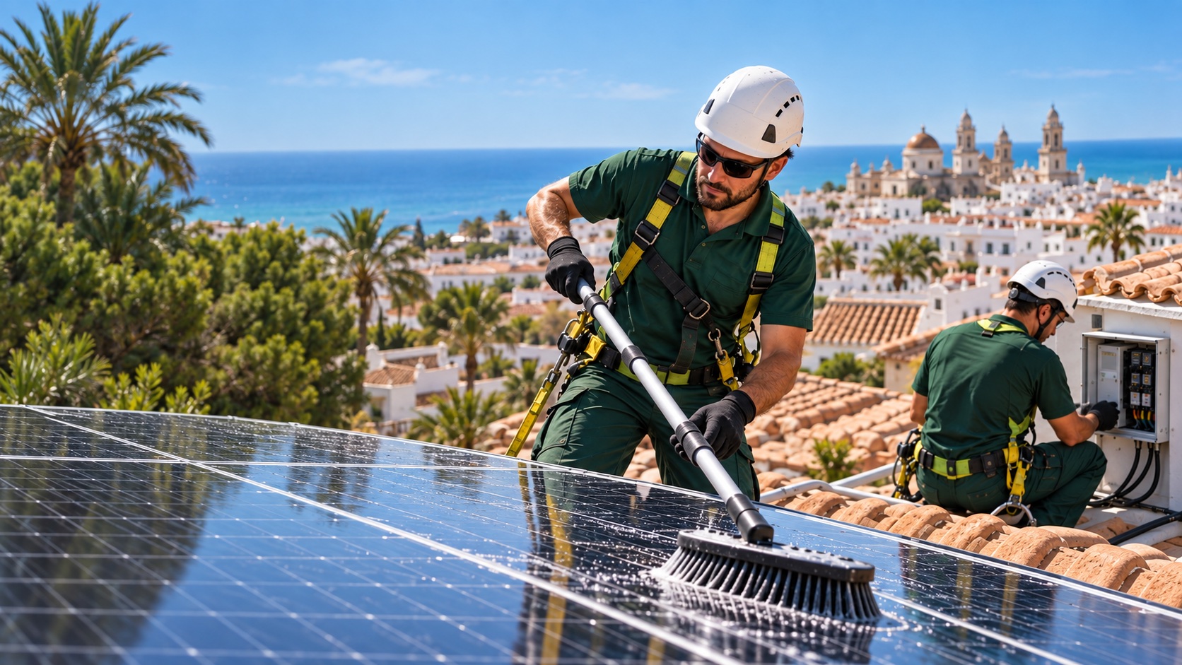 Técnicos especializados limpiando y revisando una instalación fotovoltaica
