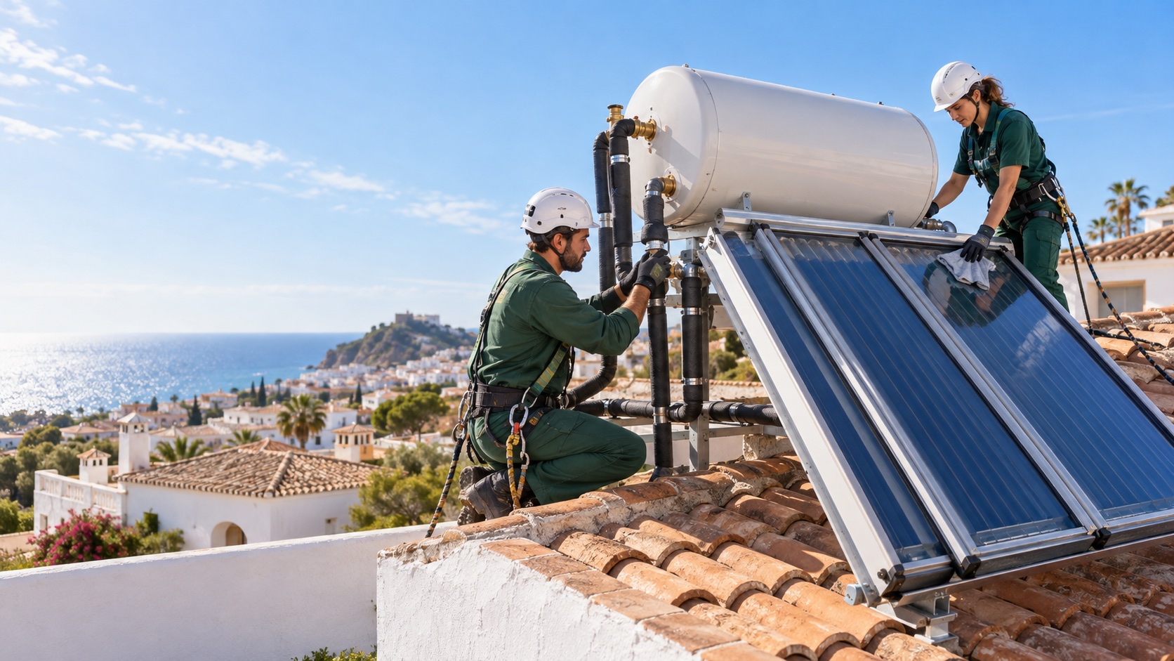 Técnicos revisando un sistema de calentamiento solar de agua